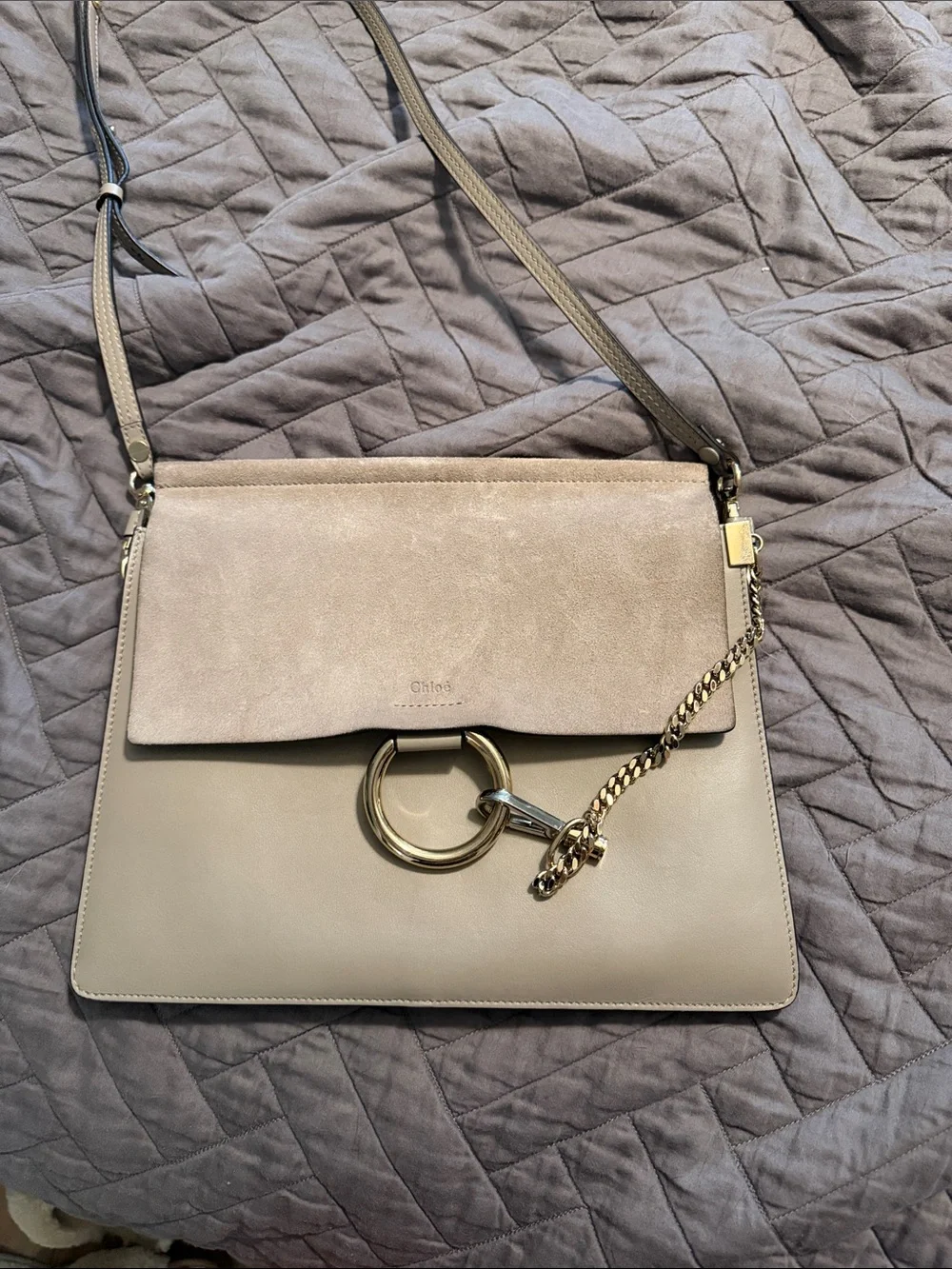 Chloé Two-Tone Taupe & Beige Shoulder Bag with Gold Ring